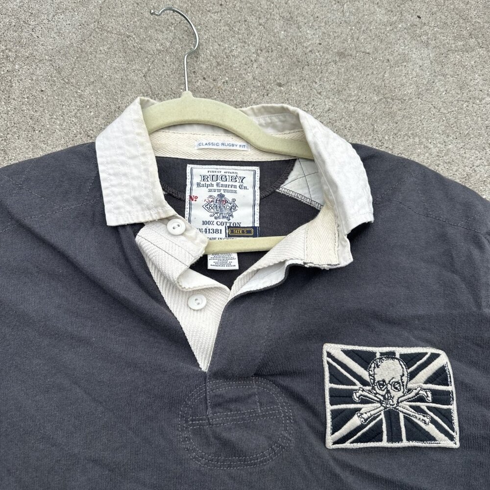 Ralph Lauren Black Long Sleeve Polo with White Collar & Crest - Picture 2 of 8